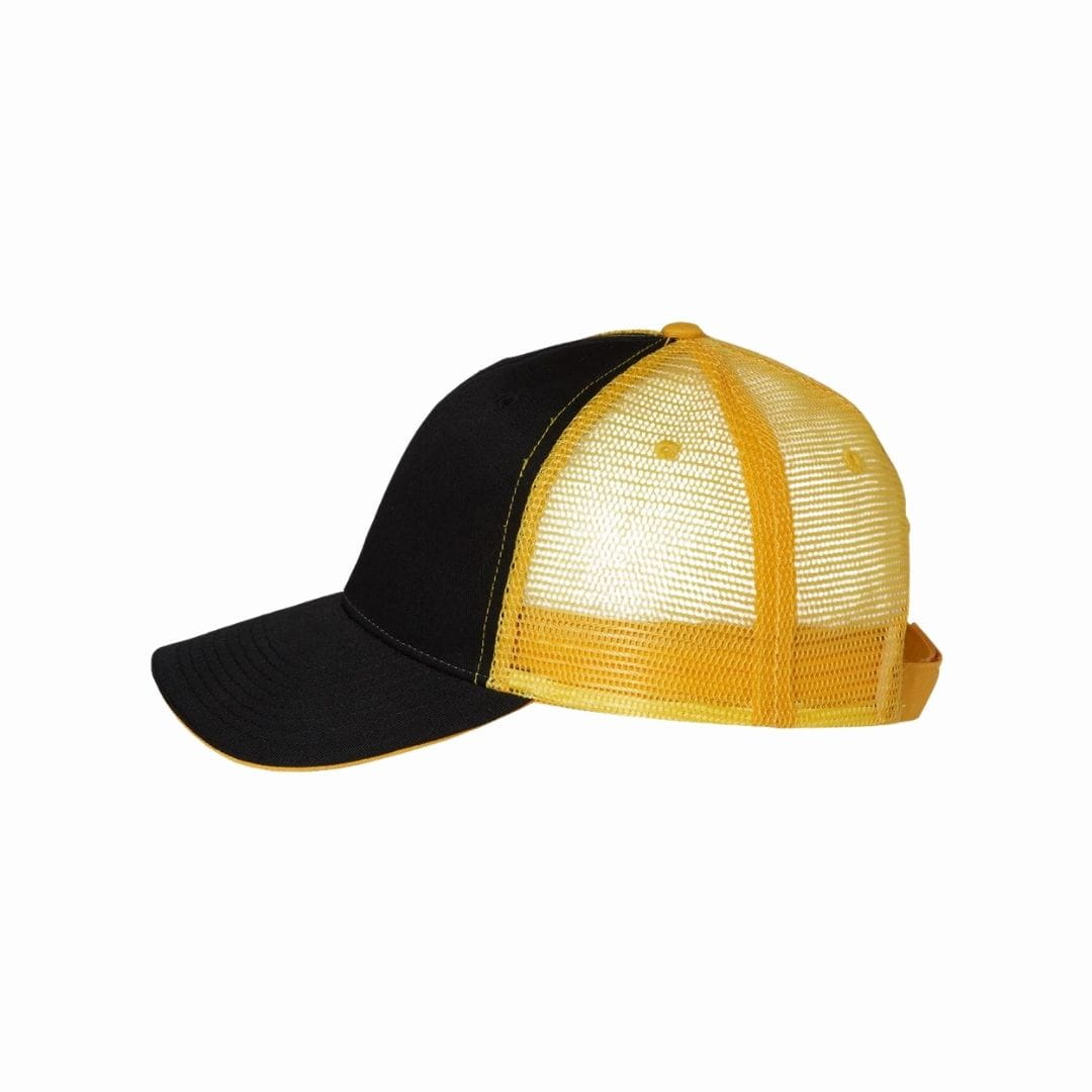 Black and yellow cap with mesh back on a white background