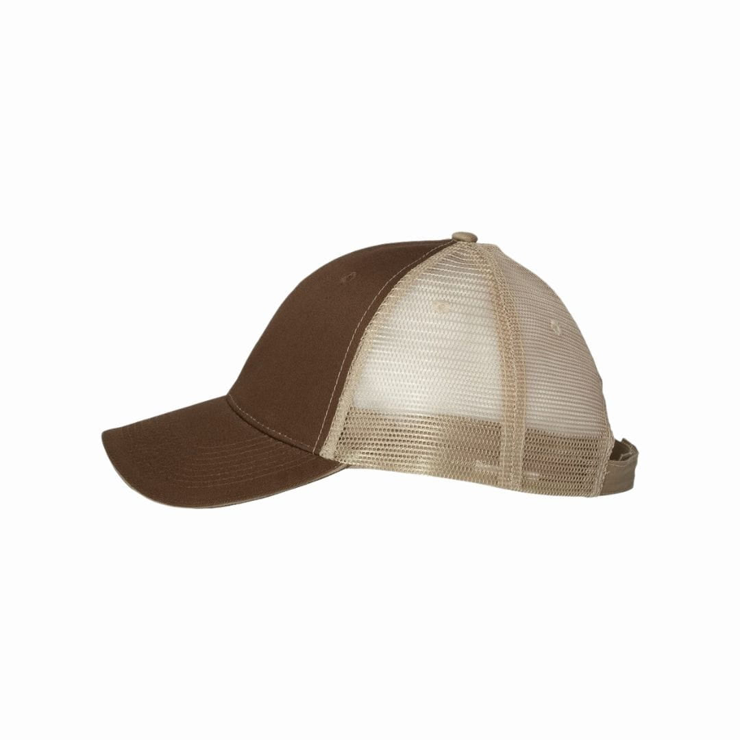 Brown and beige baseball cap with mesh back on a white background