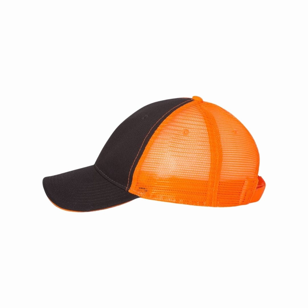 Black and orange cap with mesh back on a white background