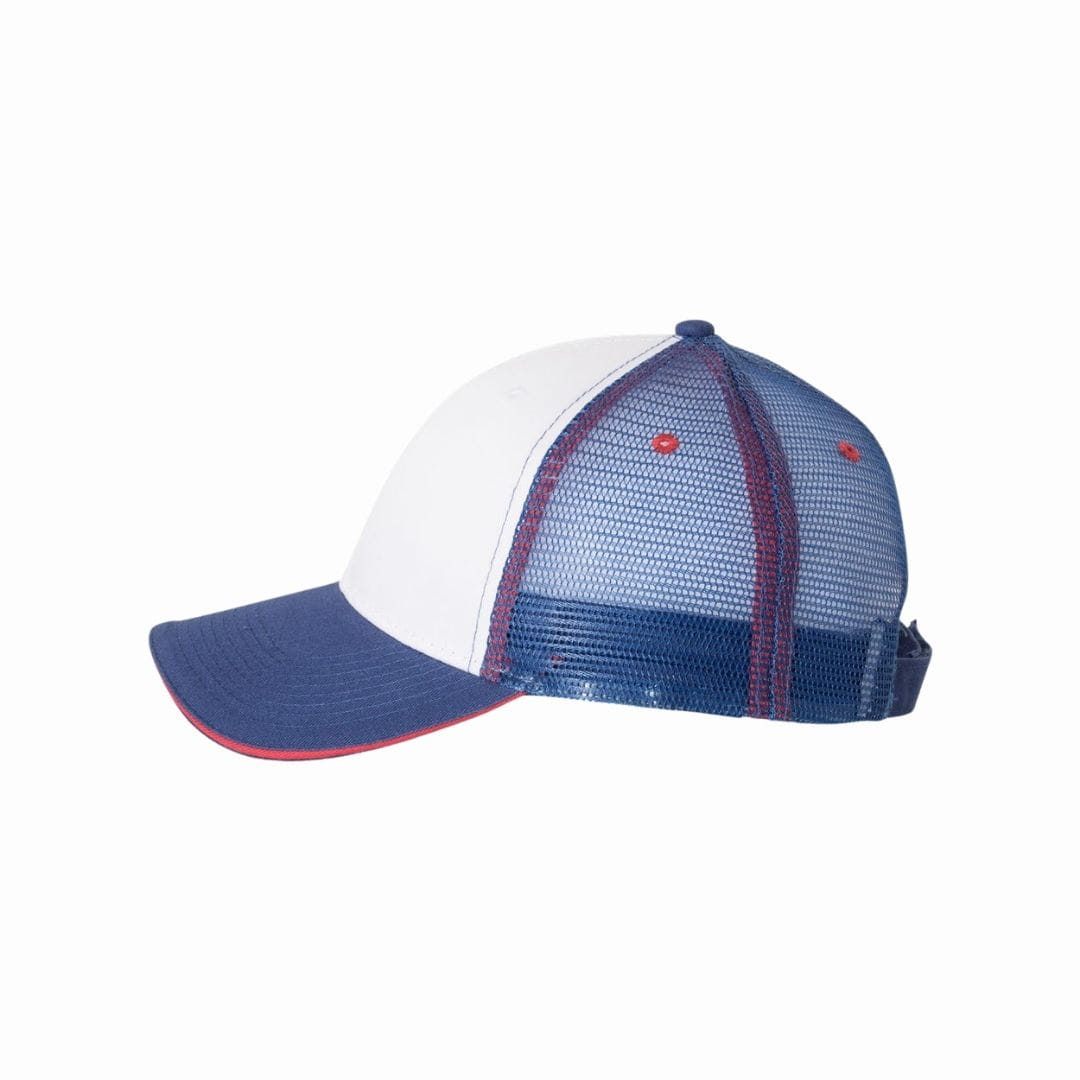 Blue and white cap with mesh back on a white background