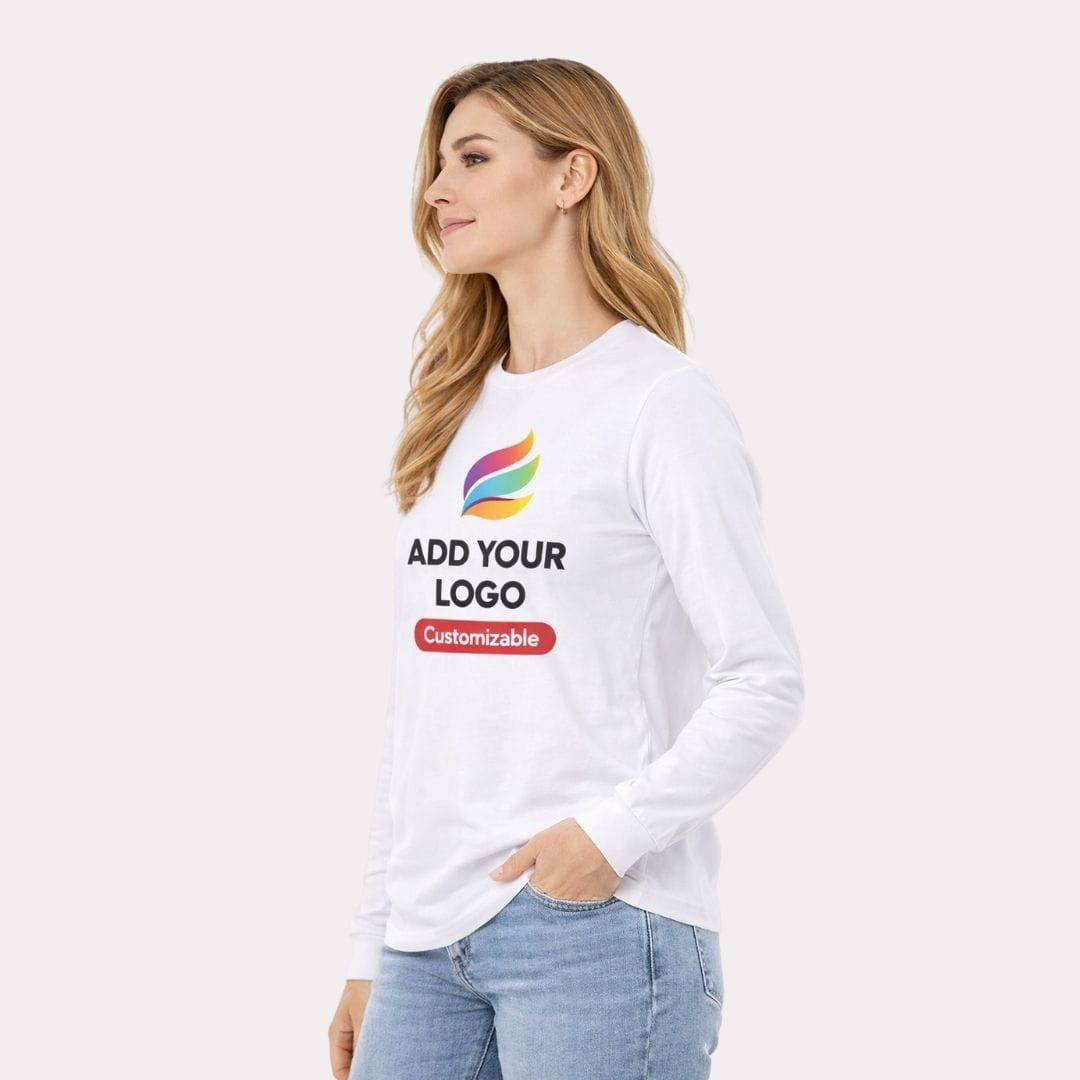 Woman wearing a customizable white long-sleeve shirt with text and a logo on a white background