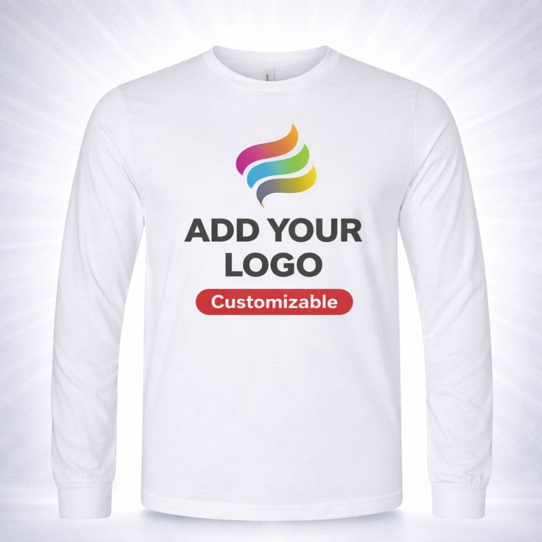White long-sleeve shirt with customizable logo text on a white background