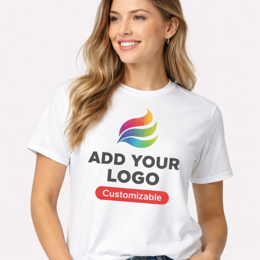 Woman wearing a customizable t-shirt with a rainbow logo and text.