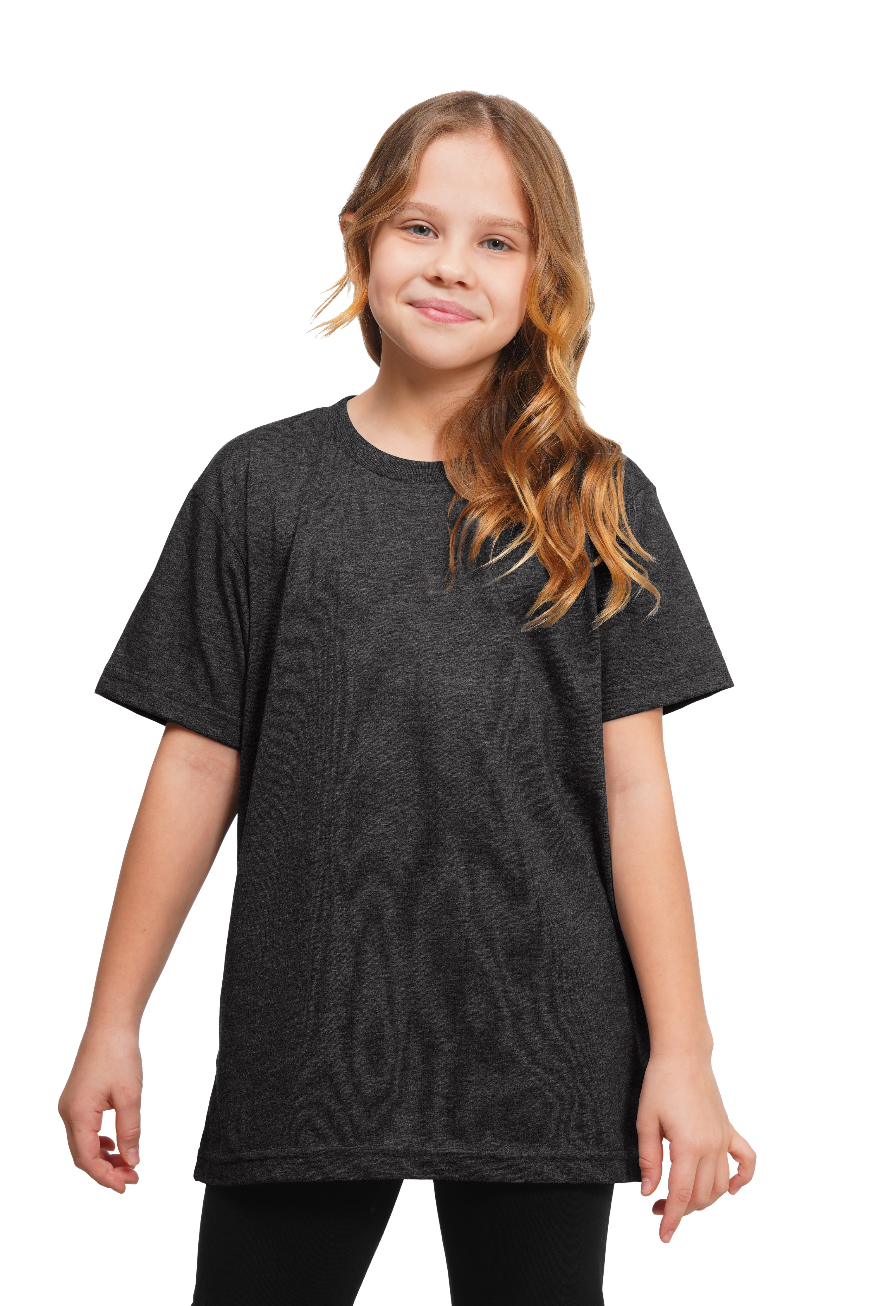 Young girl wearing a dark gray t-shirt on a white background
