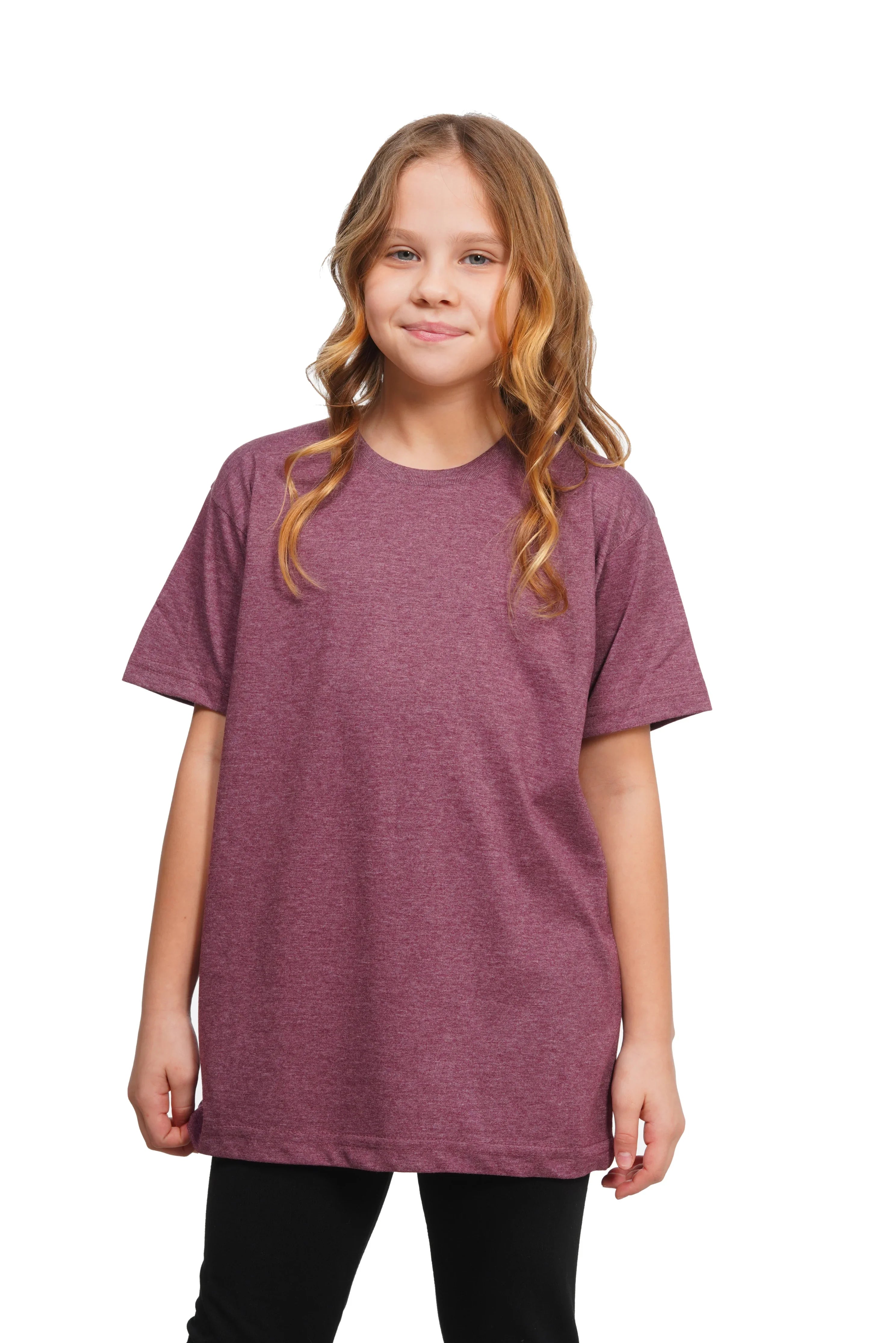 Young girl wearing a maroon t-shirt on a white background