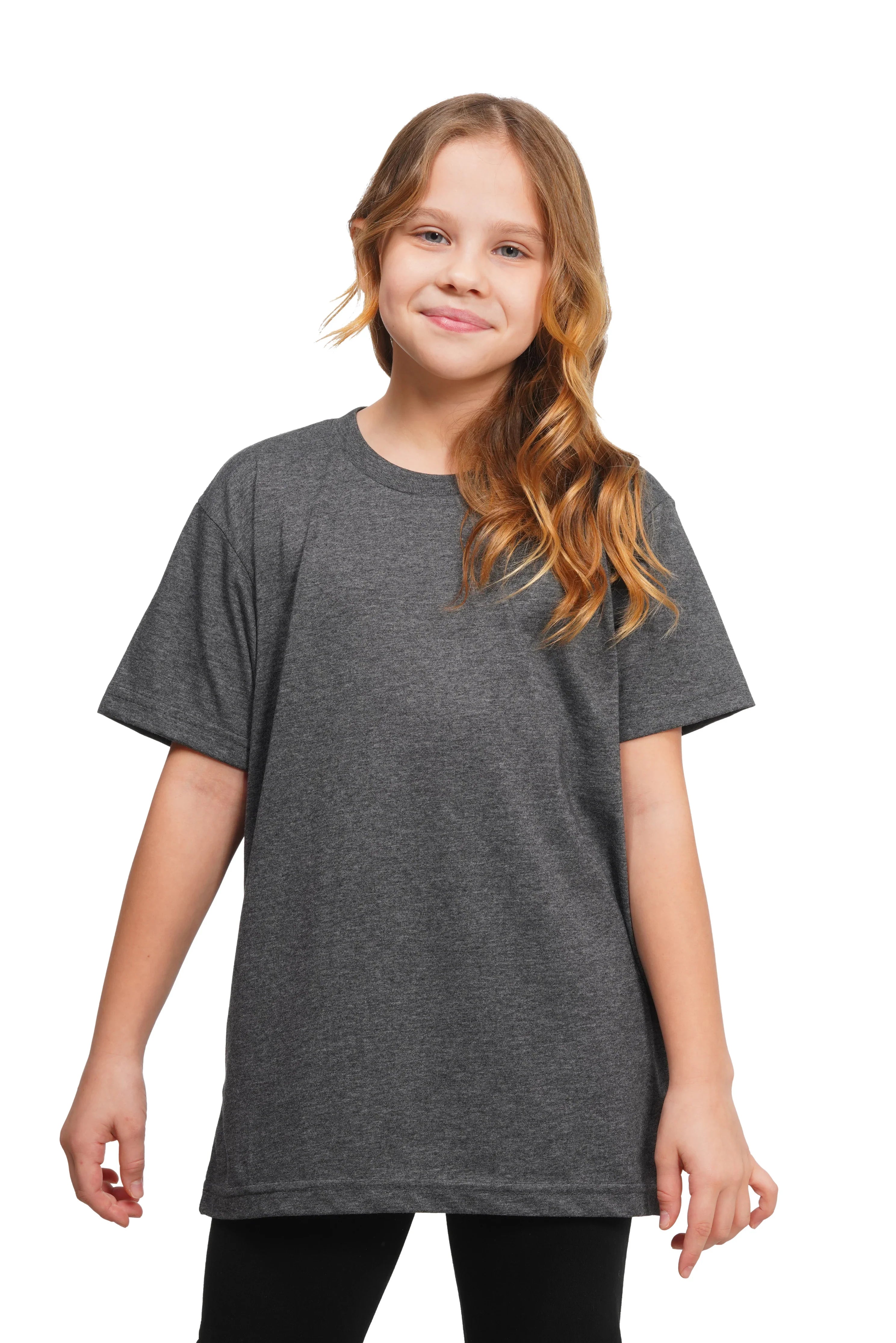 Young girl wearing a gray t-shirt on a white background