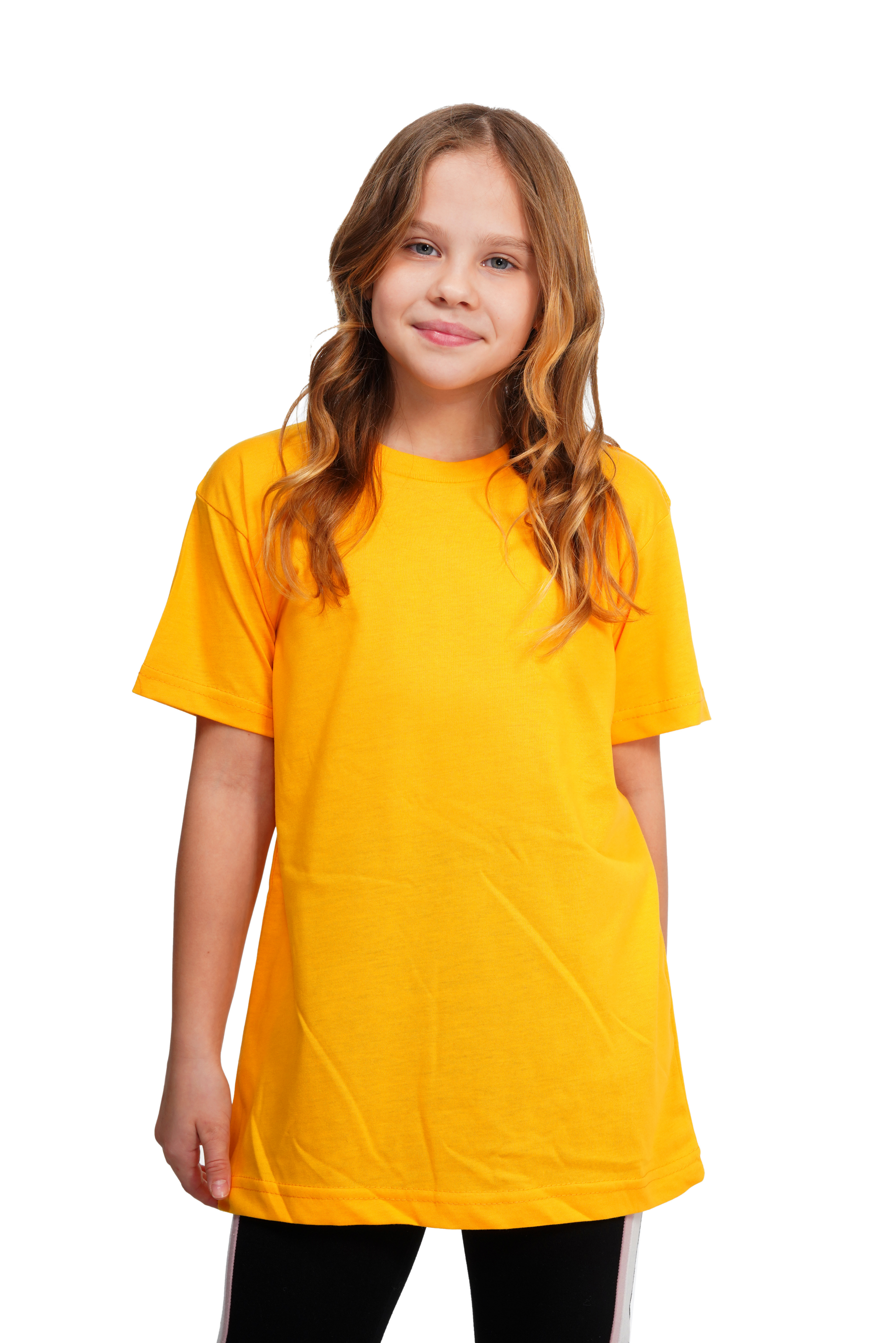 Young girl wearing a yellow t-shirt on a white background