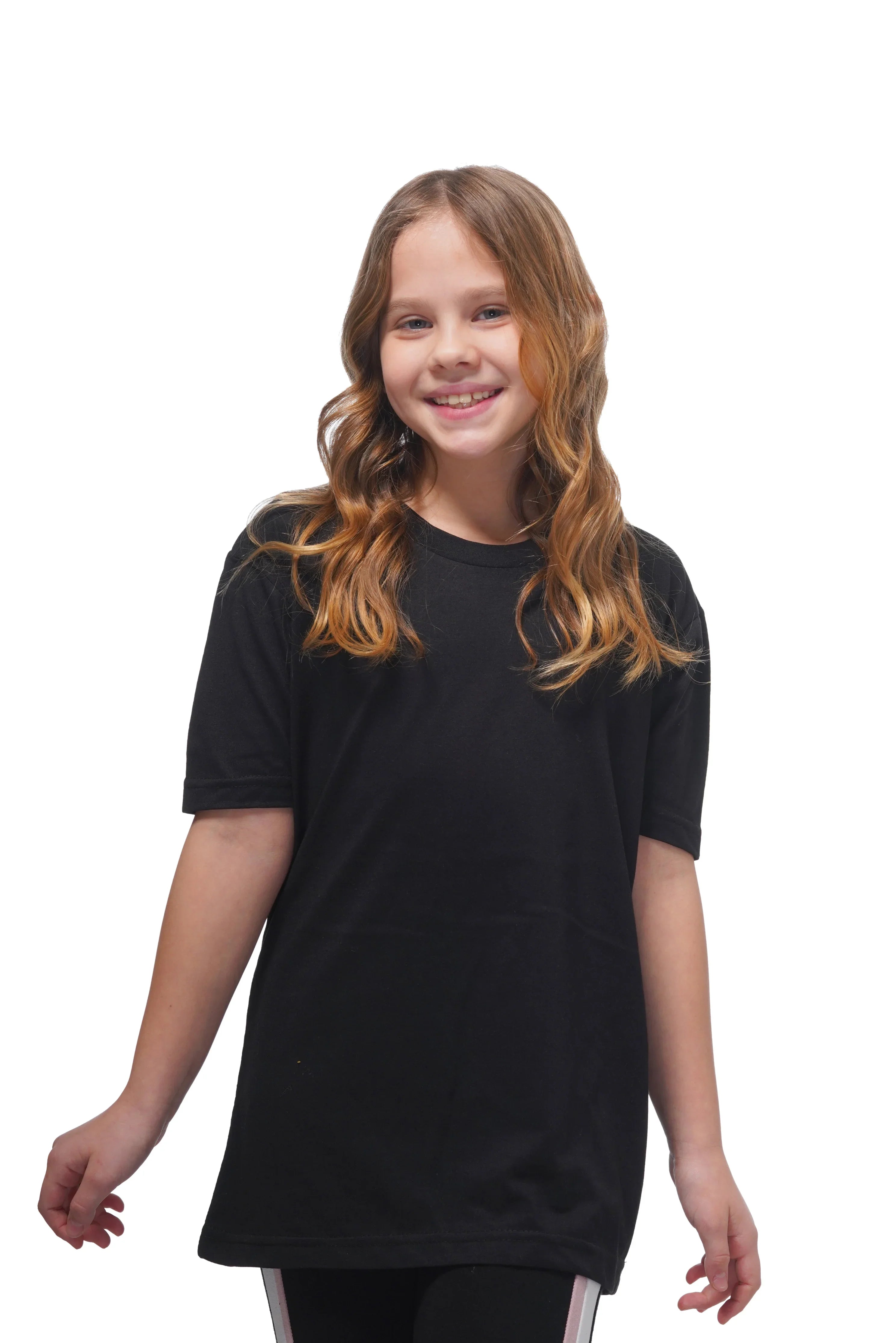 Young girl wearing a black t-shirt on a white background