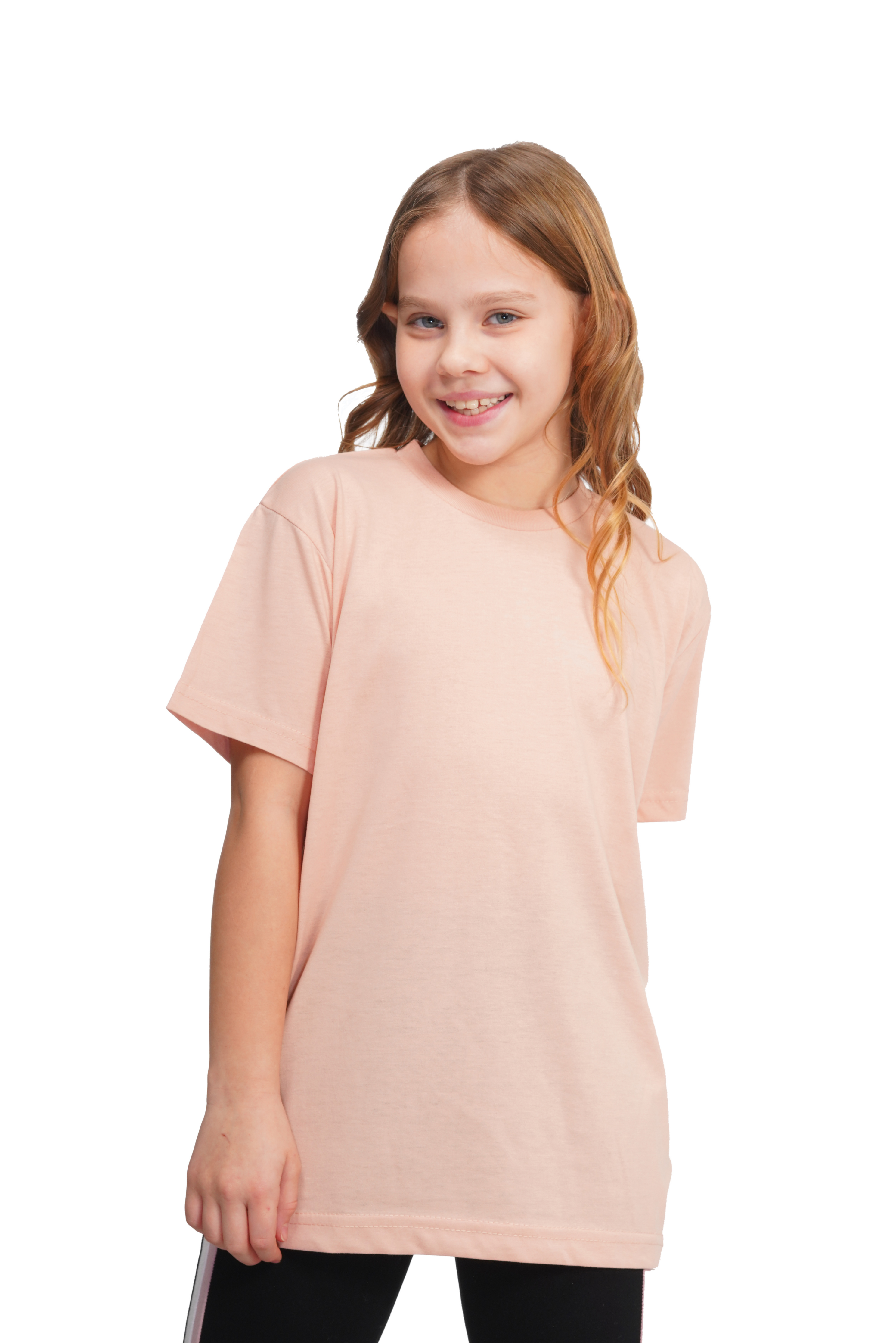 Young girl wearing a light pink t-shirt on a white background