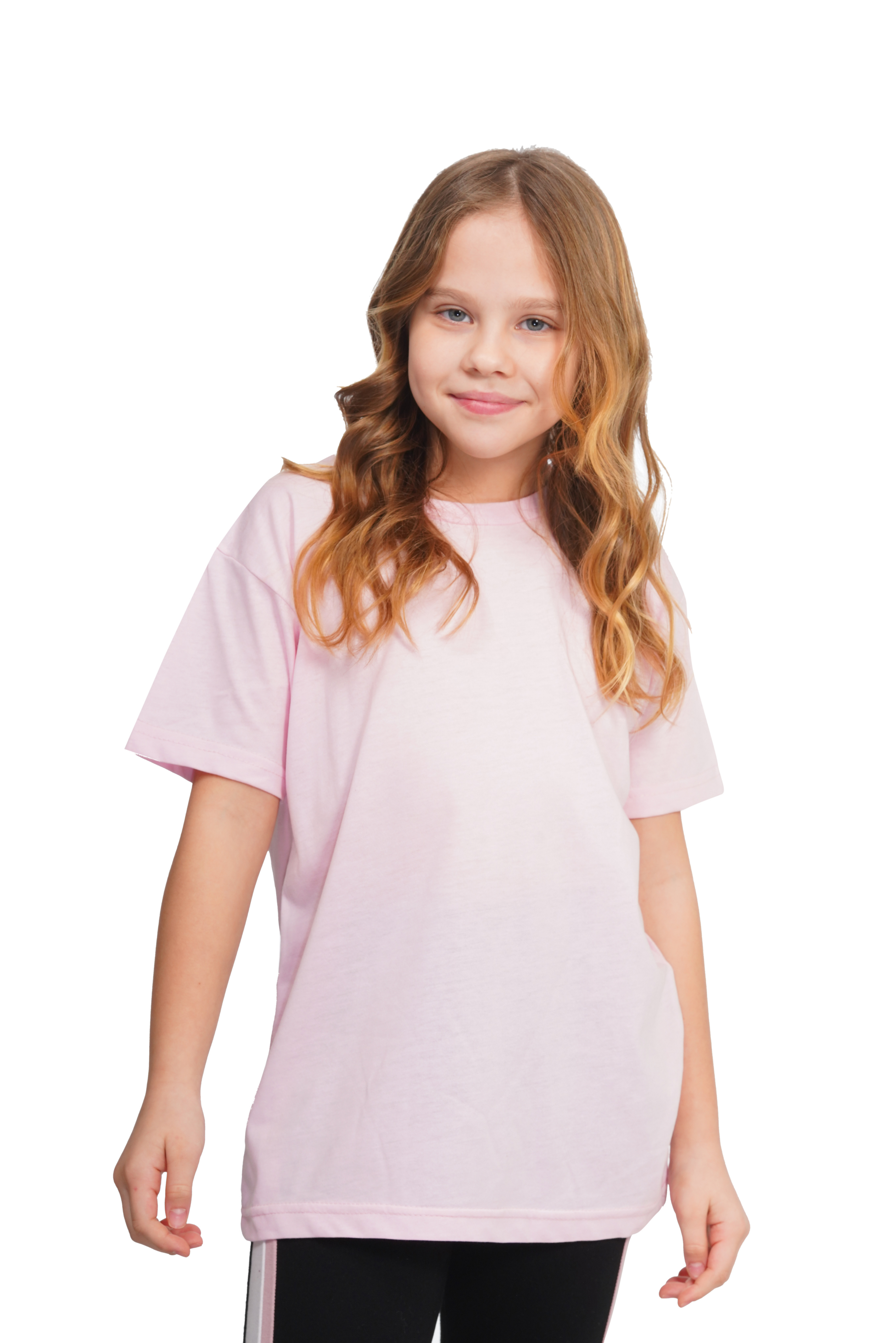 Young girl wearing a light pink t-shirt on a white background
