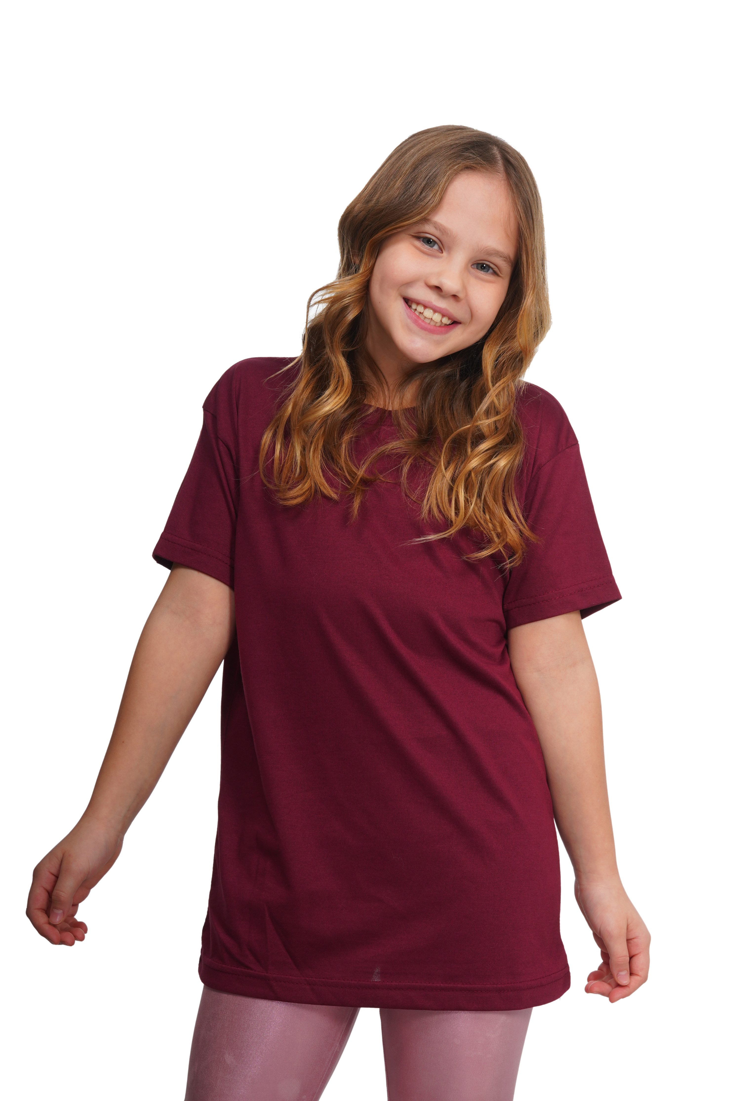 Young girl wearing a maroon t-shirt on a white background