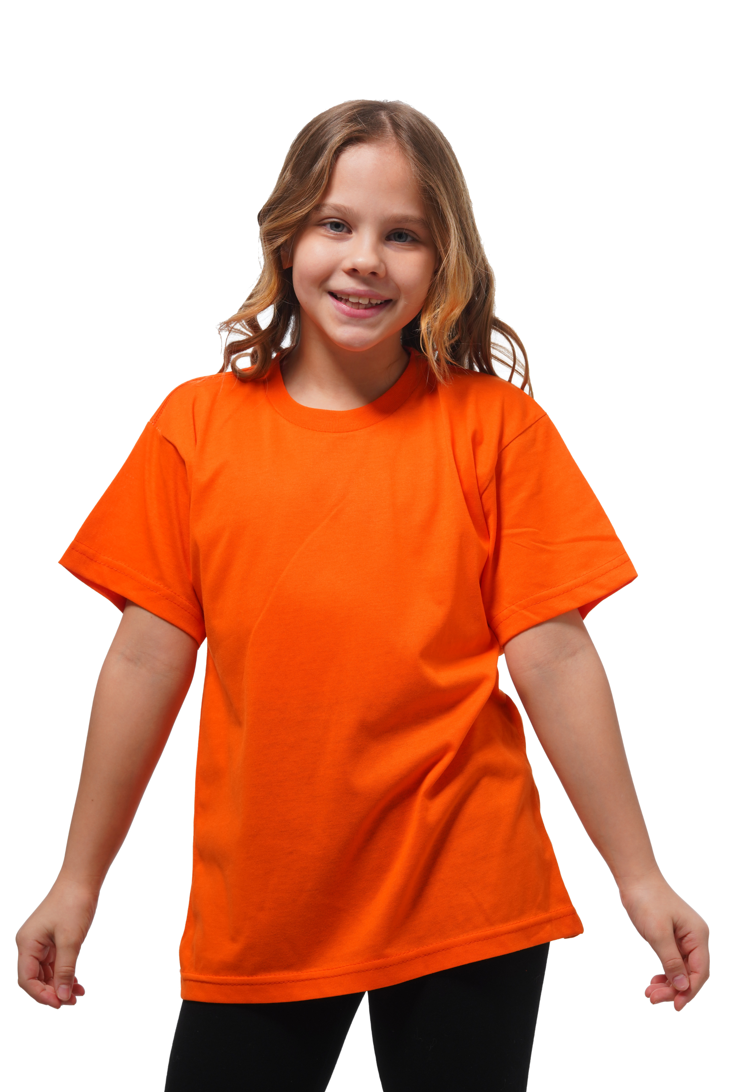 Child wearing an orange t-shirt on a white background