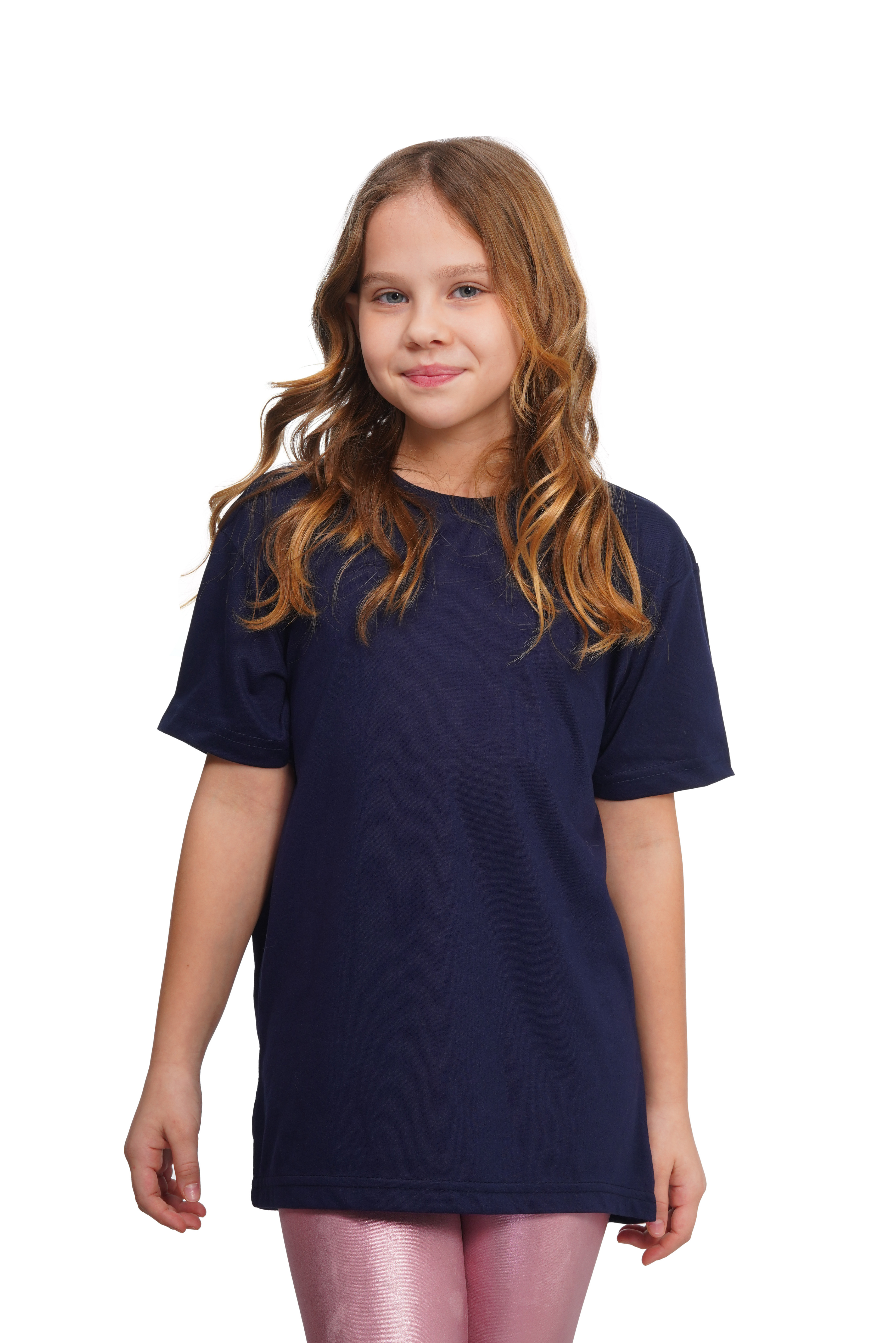 Young girl wearing a navy blue t-shirt on a white background