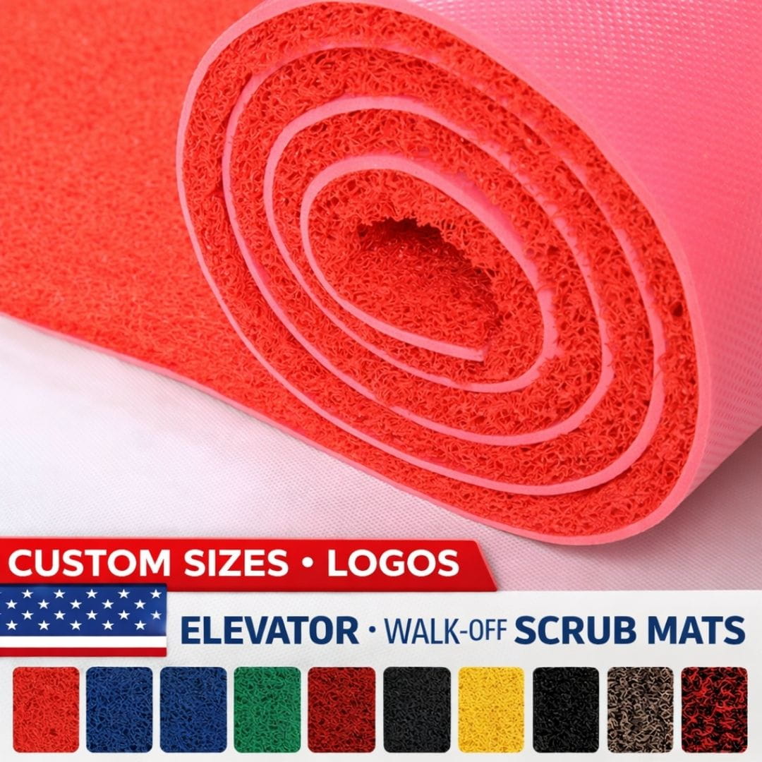 Red scrub mat rolled up with customization options on a white background