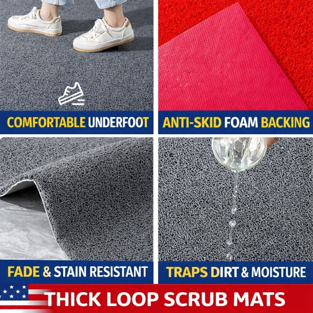 Collage of thick loop scrub mats with features highlighted.
