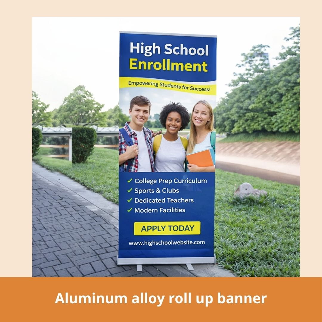 Aluminum alloy roll-up banner for high school enrollment with students and school facilities.