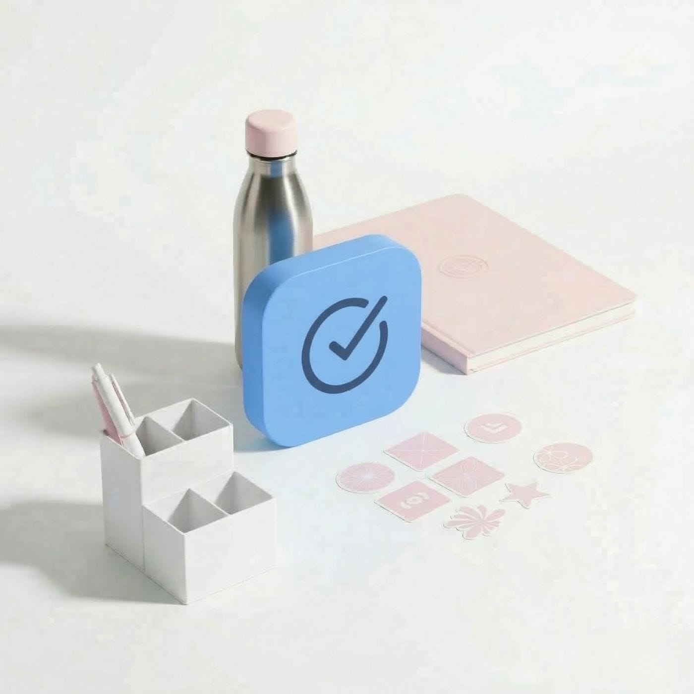 Blue square with a check mark icon on a white surface with stationery items.