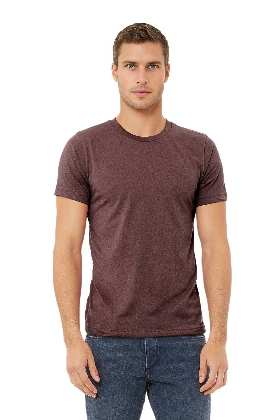 Man wearing a brown t-shirt and blue jeans on a white background