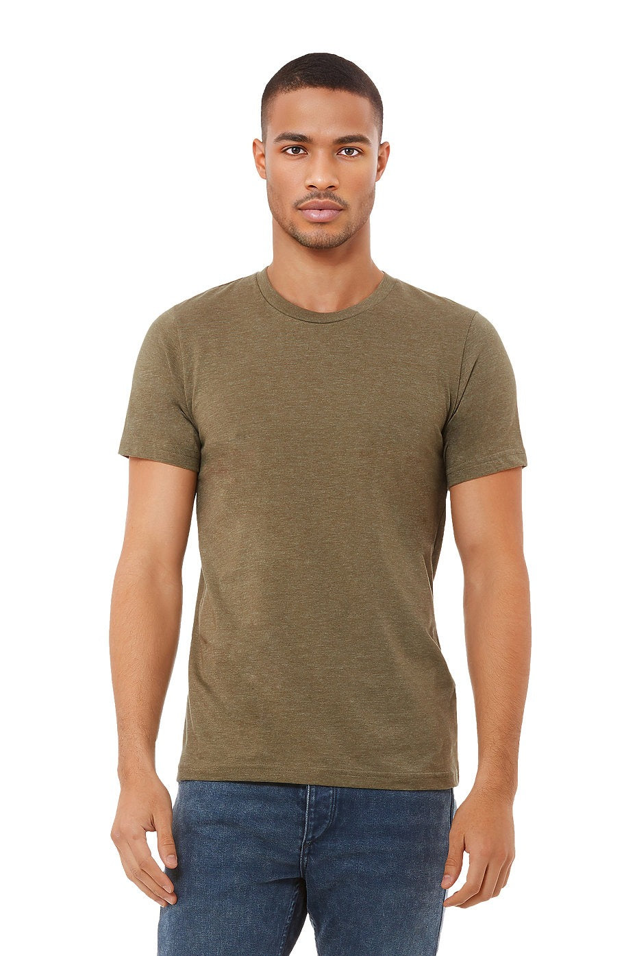 Man wearing an olive green t-shirt and blue jeans on a white background