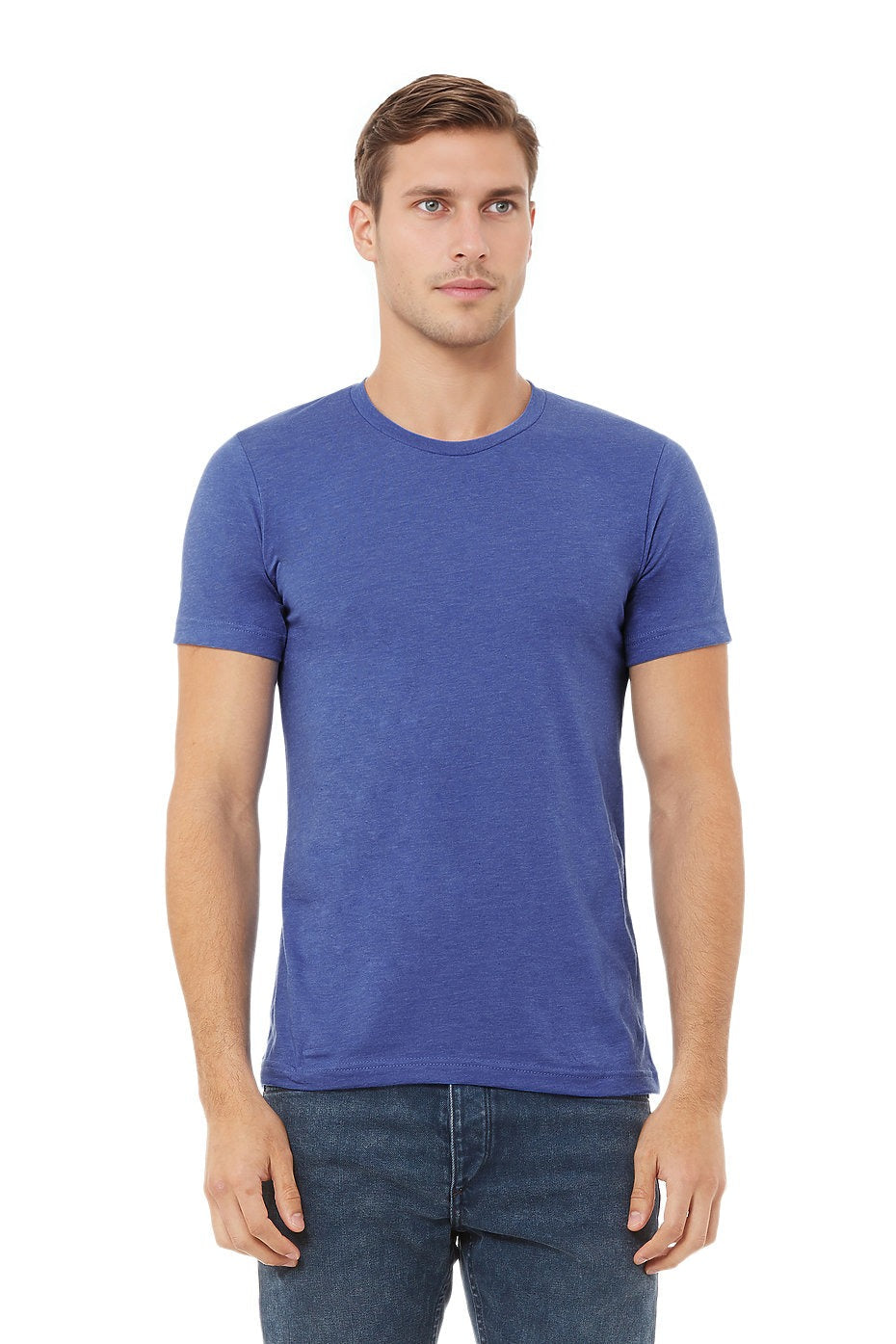 Man wearing a blue t-shirt on a white background