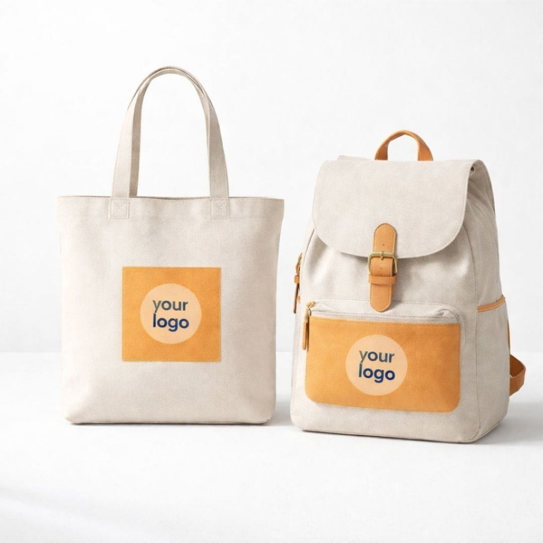 Two bags, a tote and a backpack, with 'your logo' text on a white background