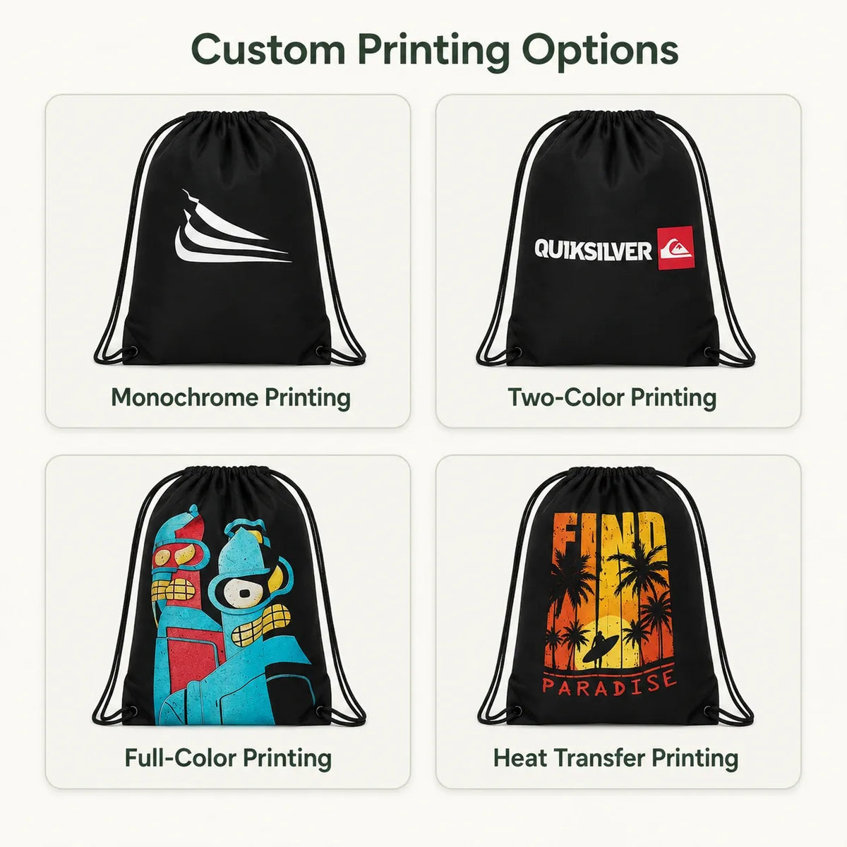 Custom printing options graphic showing four black drawstring backpacks on a light background: Monochrome Printing with a white logo, Two-Color Printing with a white Quiksilver logo and red wave, Full-Color Printing with a blue/red graphic, and Heat Transfer Printing with a yellow-orange sunset graphic.