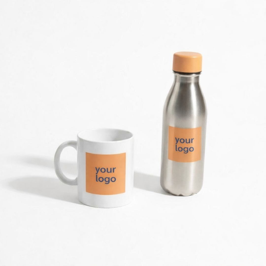 Mug and bottle with 'your logo' labels on a white background