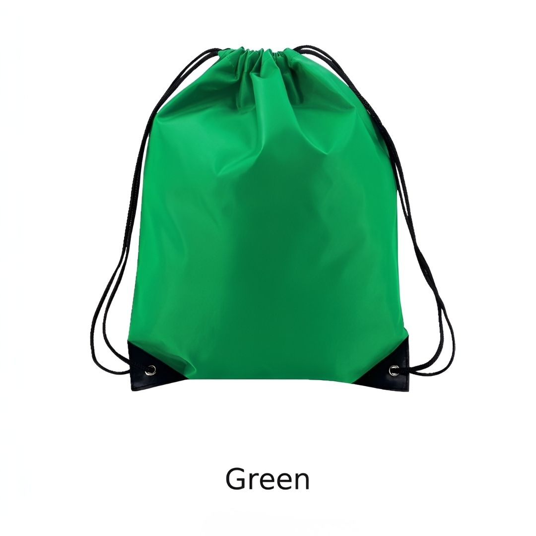 A bright green drawstring backpack with black cords and black reinforced bottom corners, shown on a plain white background with the word 'Green' below.
