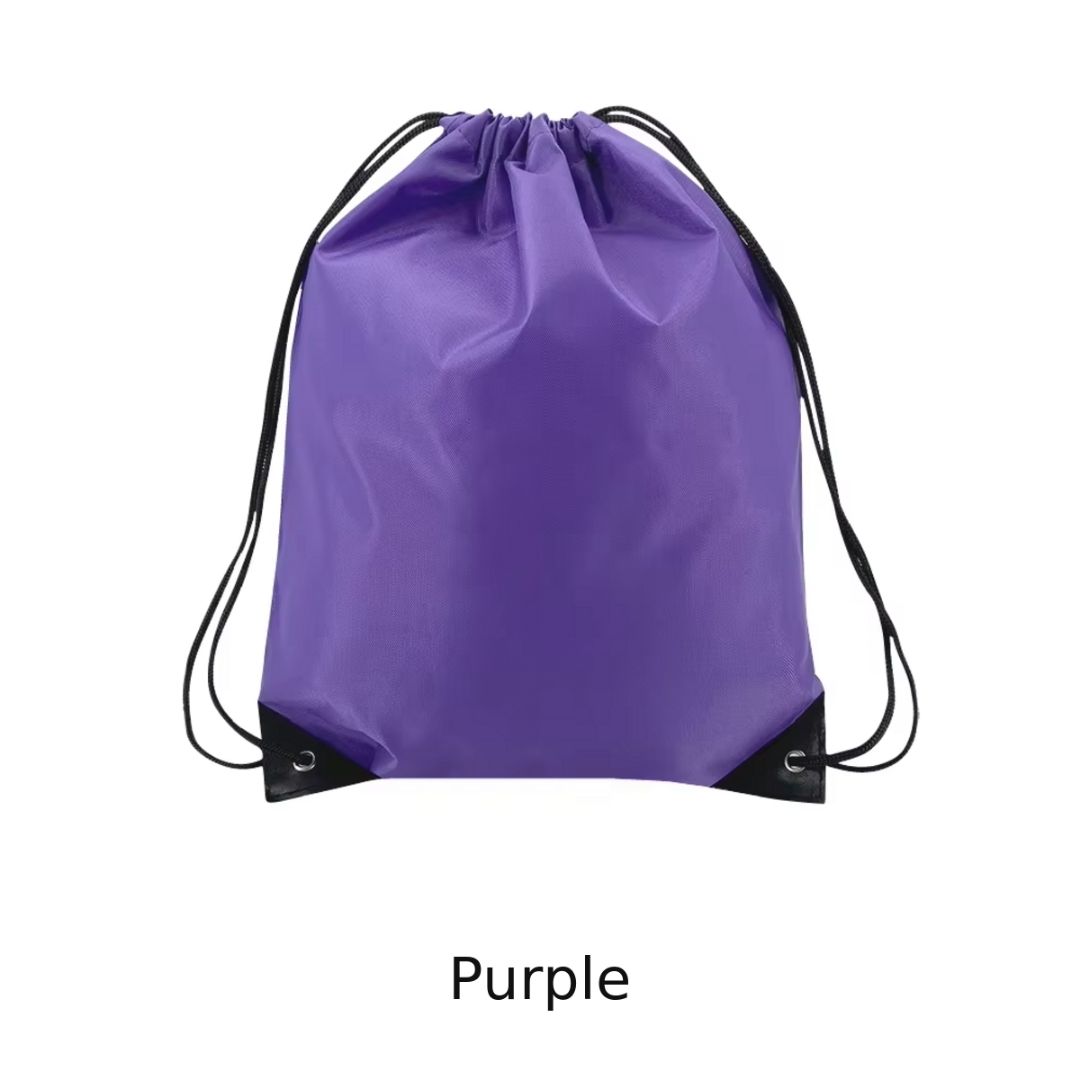 A purple drawstring gym bag with black cords and black reinforced bottom corners, shown on a white background with the word 'Purple' below.