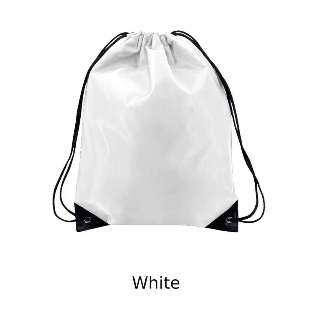 A white drawstring backpack with black cords and black corner accents, shown against a plain white background with the word 'White' printed below.