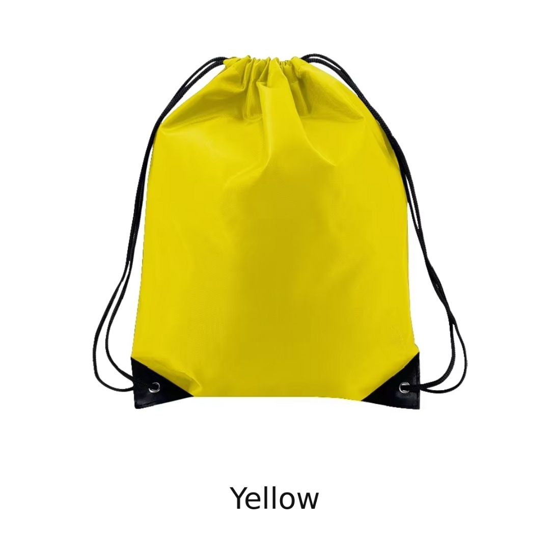 A bright yellow drawstring backpack with black corner accents and black drawstrings, shown on a plain white background with the word 'Yellow' underneath.