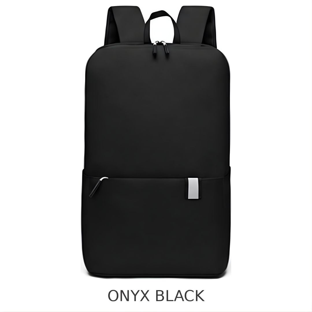 A black backpack shown from the front on a plain white background, with a top carry handle, dual shoulder straps, a main zip compartment, a front zip pocket, and the text 'ONYX BLACK' below.