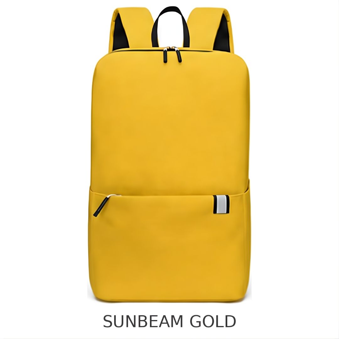 A bright yellow backpack shown from the front on a white background, with black interior padding and straps visible at the top and the text 'SUNBEAM GOLD' below.