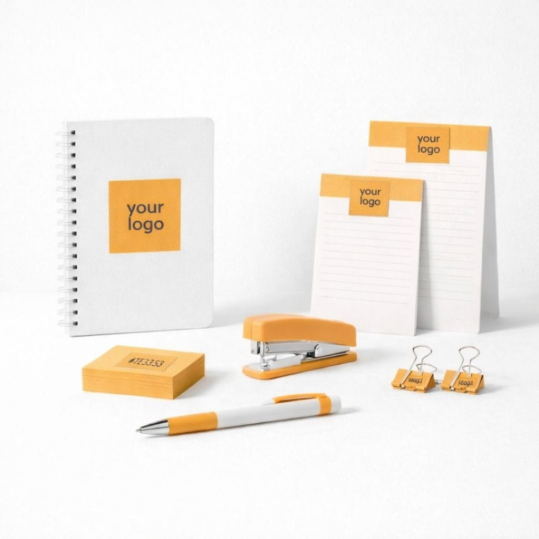 Office supplies with orange accents on a white background