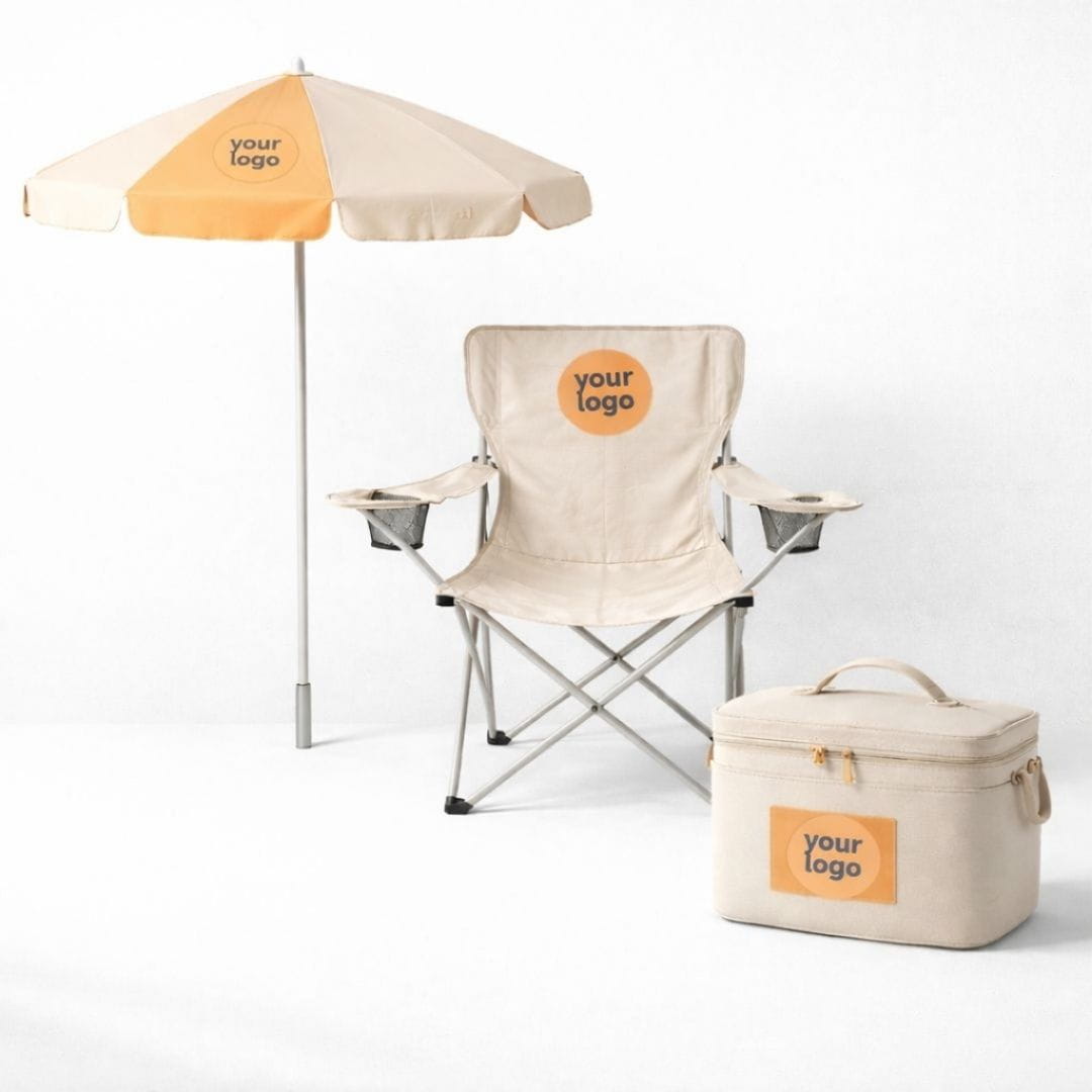 Beige camping chair, umbrella, and cooler with 'your logo' on a white background
