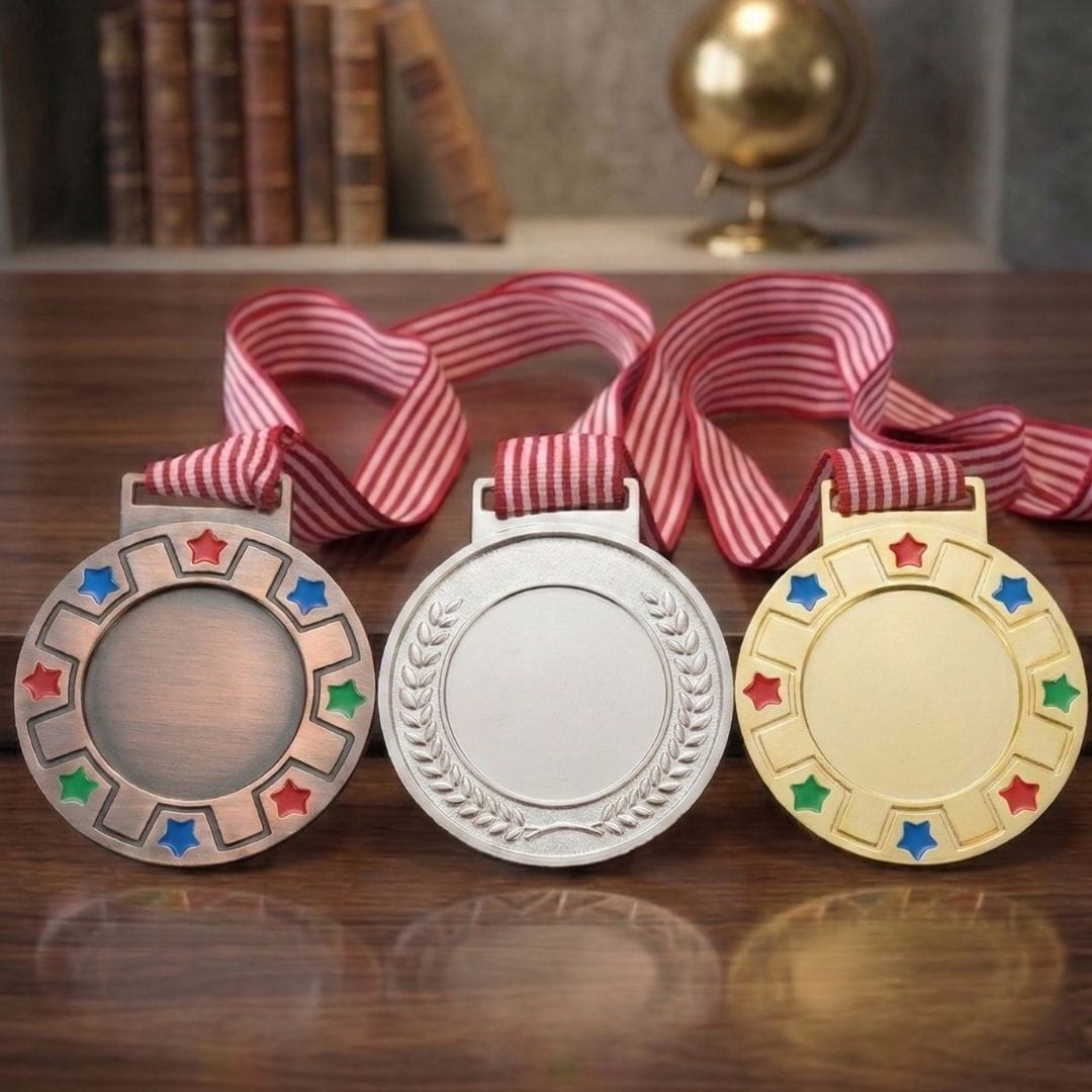 Three medals in gold, silver, and bronze with red ribbons on a wooden surface.