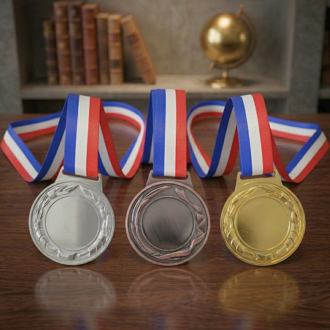 Gold, silver, and bronze medals with ribbons on a wooden surface.