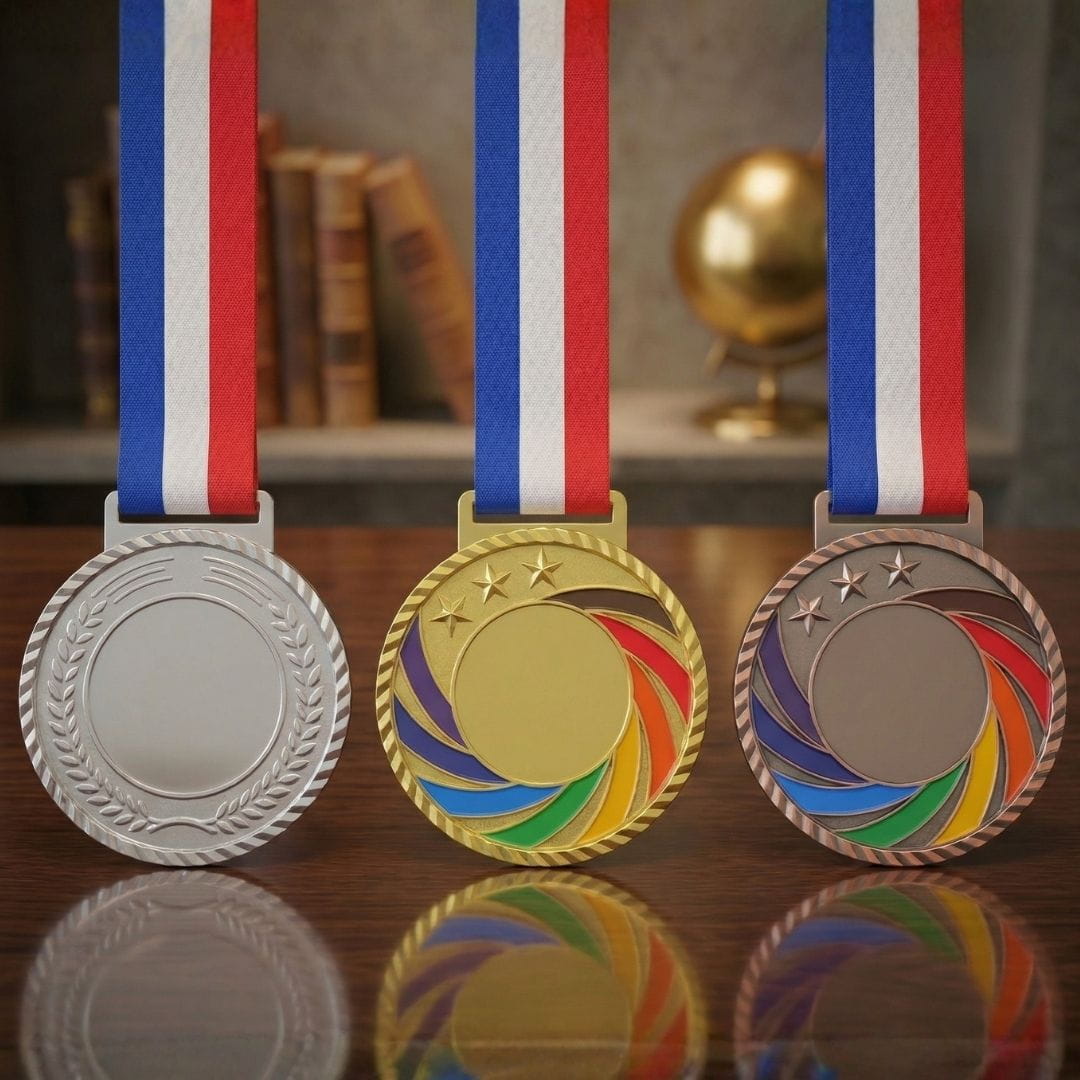 Three medals with ribbons on a reflective surface, with books and a globe in the background.