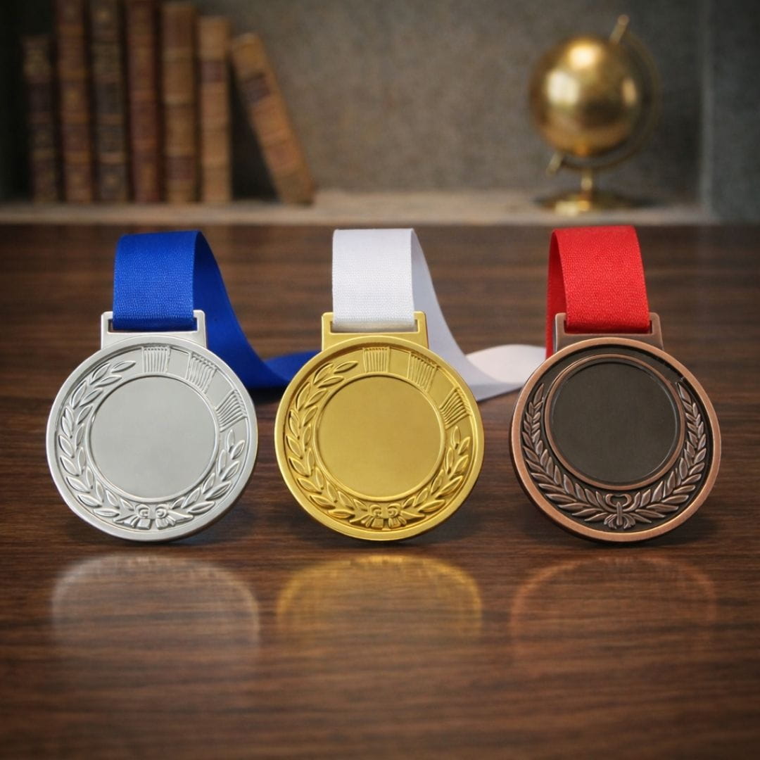 Gold, silver, and bronze medals with ribbons on a wooden surface.