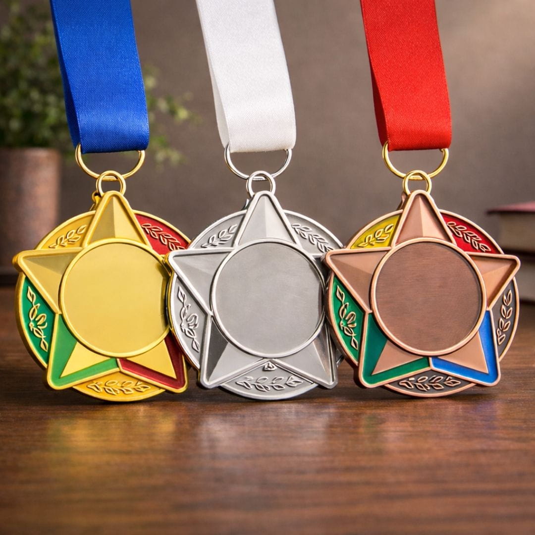Gold, silver, and bronze medals with ribbons on a wooden surface
