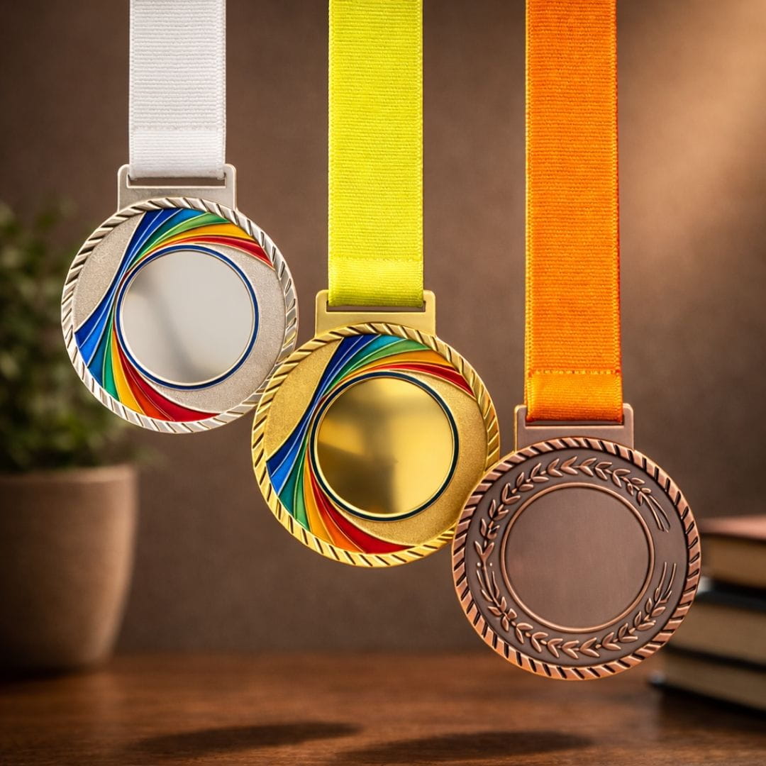 Three medals in gold, silver, and bronze with colorful ribbons on a wooden surface.
