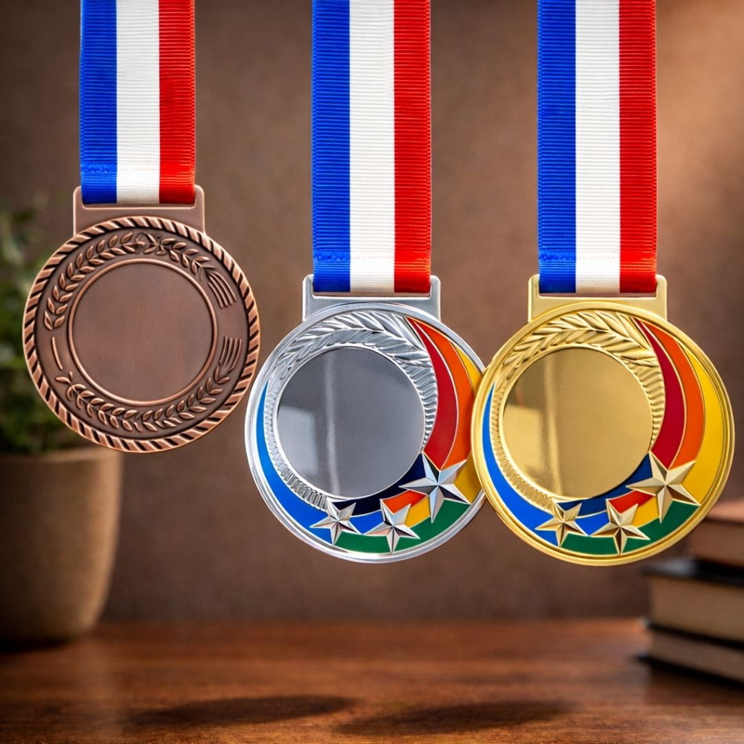 Three medals in bronze, silver, and gold with colorful ribbons on a wooden surface.