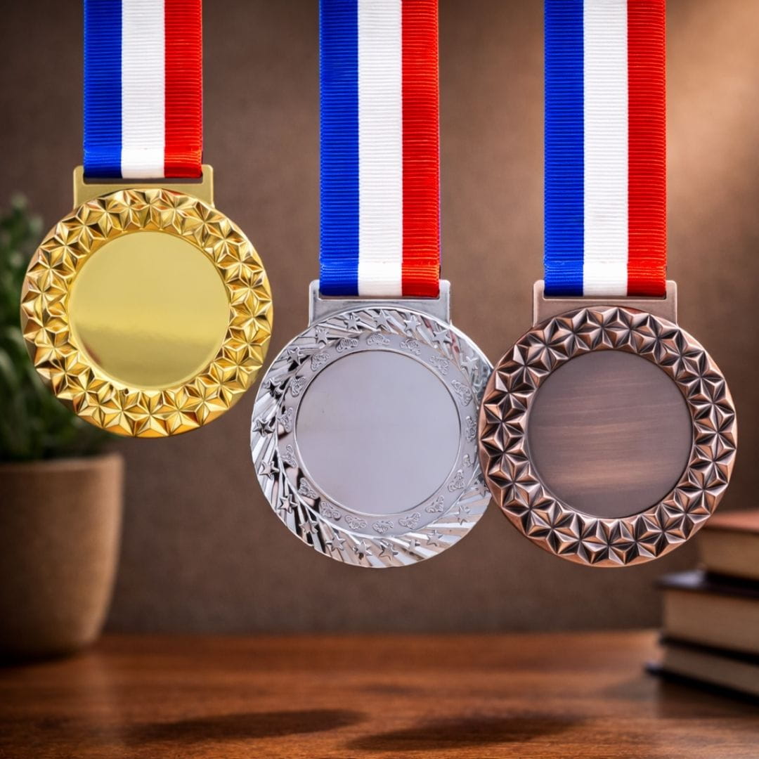 Gold, silver, and bronze medals with ribbons on a wooden surface.