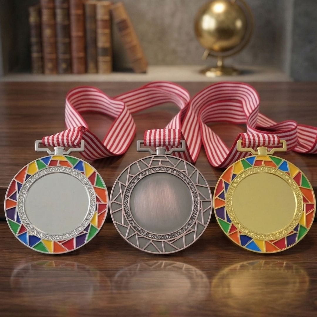 Three medals with colorful designs on a wooden surface, each accompanied by a red and white striped ribbon.
