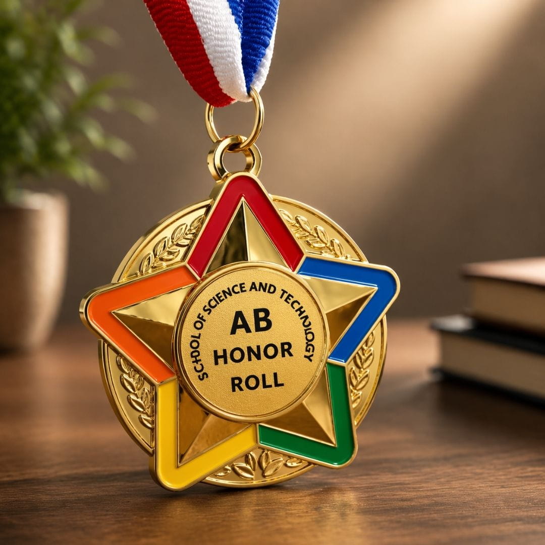 Gold medal with 'AB Honor Roll' text on a wooden surface