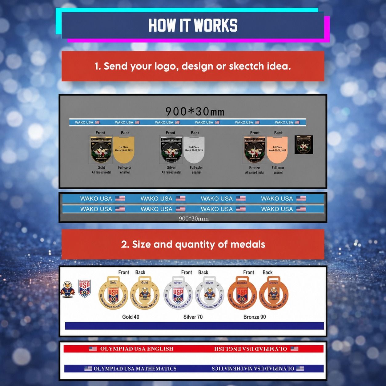 An infographic explaining how custom Wako USA medals are made, featuring sections for sending logo or design ideas, size specifications (900*30mm), and medal options in gold, silver, and bronze. The graphic has a blue bokeh background and is labeled with Wako USA.