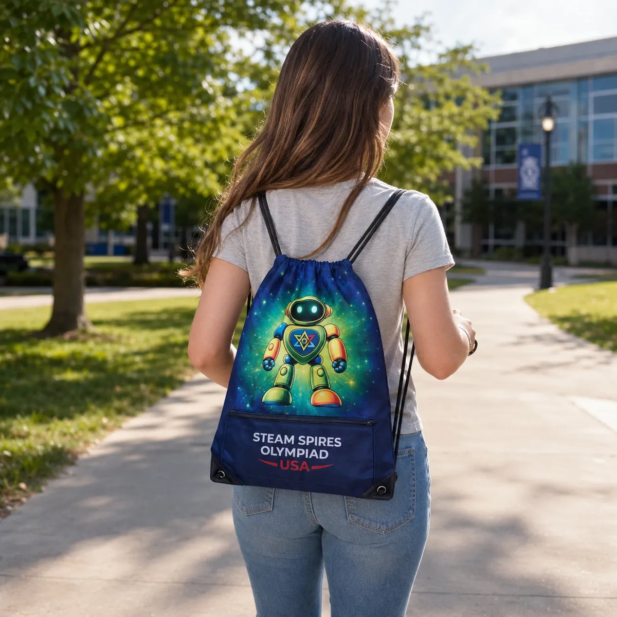 A girl viewed from behind walking on a sunny campus path, wearing a blue drawstring backpack with a colorful astronaut graphic and the text 'STEAM SPIRES OLYMPIAD' on the front.
