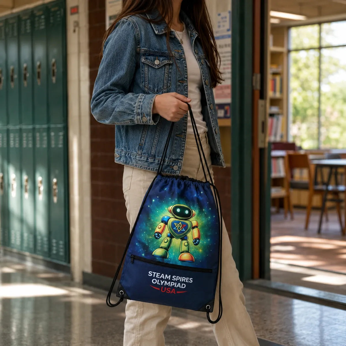 A young woman in a denim jacket and white pants carries a navy blue drawstring backpack featuring a colorful cartoon robot and the text 'STEAM SPires OLYMPIAD' in a school hallway with green lockers on the left.