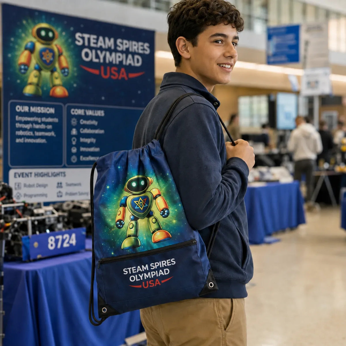 A smiling young man in a navy hoodie and khaki pants carries a blue drawstring backpack with a colorful robot graphic and 'STEAM SPIRES OLYMPIAD USA' text, standing in an indoor event hall with booths and banners in the background.