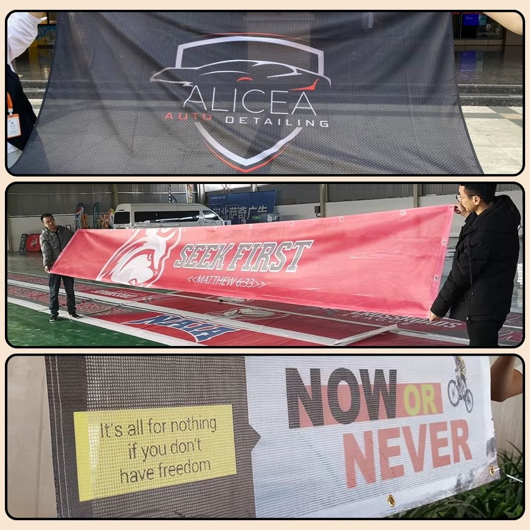 Collage of three banners with different messages and branding.